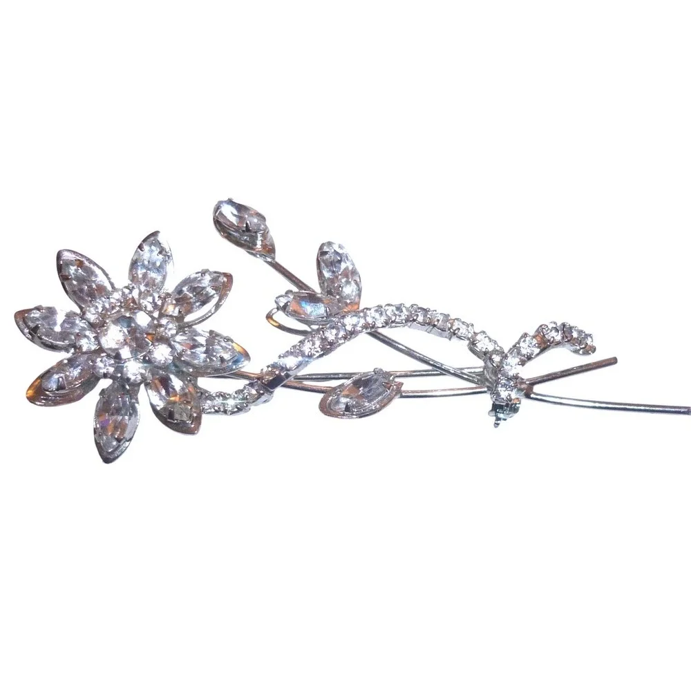 Vintage Clear Rhinestone Flower Spray Brooch Silver Tone Marquise Floral Pin